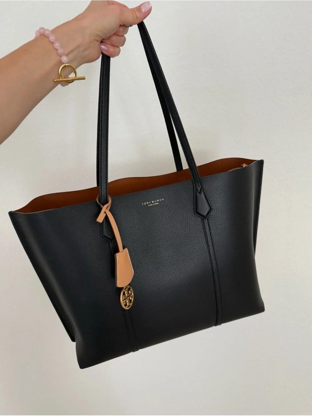 Tory Burch Black Leather Reversible Tote with Tan Accent like